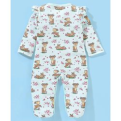 Babyhug Cotton Knit Full Sleeves Sleepsuit Fawn Print - Blue