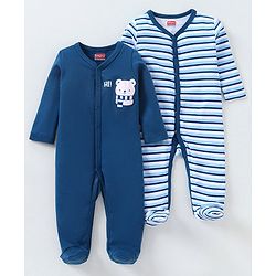 Babyhug Full Sleeves Sleep Suit Striped Pack of 2 - Blue