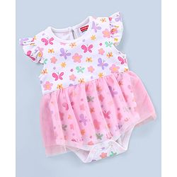 Babyhug 100% Cotton Knit Frill Sleeves Frock Style Onesie Butterfly Print - White & Pink