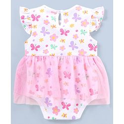 Babyhug 100% Cotton Knit Frill Sleeves Frock Style Onesie Butterfly Print - White & Pink