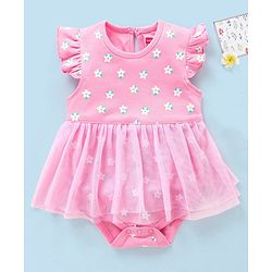 Babyhug 100% Cotton Frill Sleeves Frock Style Onesie Floral Print- Pink