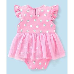 Babyhug 100% Cotton Frill Sleeves Frock Style Onesie Floral Print- Pink