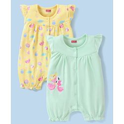 Babyhug 100% Cotton Half Sleeves Romper Ducky Print Pack of 2 - Yellow & Green