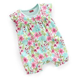 Babyhug 100% Cotton Knit Cap Sleeves Romper Floral Print - Light Blue & Pink