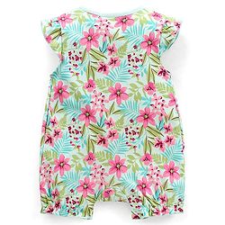 Babyhug 100% Cotton Knit Cap Sleeves Romper Floral Print - Light Blue & Pink
