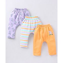 Babyhug Cotton Knit Footed Length Bootie Leggings Striped & Hippo Print Pack of 3 - Multicolour