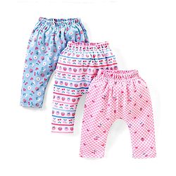Babyhug Cotton Full Length Diaper Pants Floral & Fruit Print Pack Of 3 - Blue & Pink