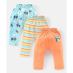 Babyhug Cotton Full Length Diaper Pants Stripes & Bear Print Pack of 3- Orange & Blue