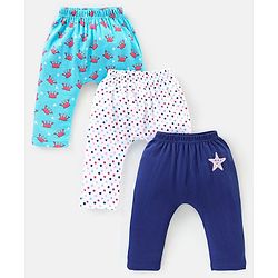 Babyhug Cotton Full Length Diaper Pants Crab & Stars Print Pack of 3 - White & Blue