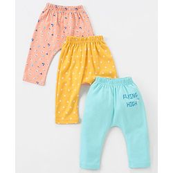 Babyhug Cotton Knit Full Length Diaper Leggings Pack of 3 Paper Planes & Stars Print - Pink Yellow & Sky Blue