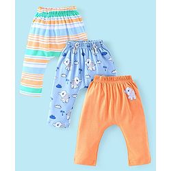 Babyhug Cotton Knit Full Length Diaper Pants Elephant Print Pack of 3 - Blue & Orange
