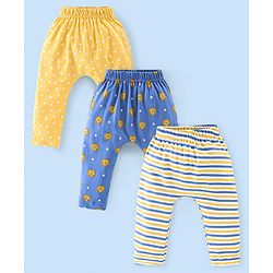 Babyhug Cotton Full Length Diaper Pants Stripes & Lion Print Pack of 3 - Blue & Yellow