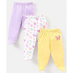 Babyhug Cotton Full Length Bootie Pants Butterfly Print Pack Of 3- Purple & Yellow