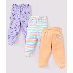 Babyhug Cotton Knit Bootie Leggings Hippo On Skates Print Pack of 3 - Aqua Purple & Orange