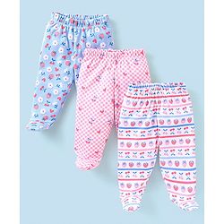 Babyhug Cotton Full Length Bootie Pants Floral Print Pack Of 3- Blue & Pink