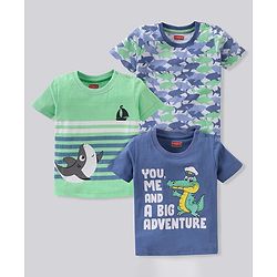 Babyhug Cotton Half Sleeves T-Shirt Stripes & Shark Print Pack of 3 - Blue Green