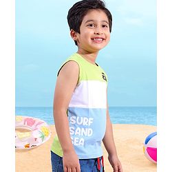 Babyhug Cotton Sleeveless Cut & Sew T-Shirt Surf Sand Sea Printed - Blue & White