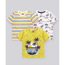 Babyhug Cotton Half Sleeves T-Shirt Stripes & Pine Tree Print Pack of 3 - Yellow & White