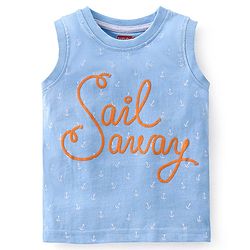 Babyhug Cotton Knit Sleeveless T-Shirt Sail Away Embroidery - Blue