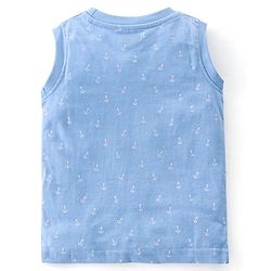 Babyhug Cotton Knit Sleeveless T-Shirt Sail Away Embroidery - Blue