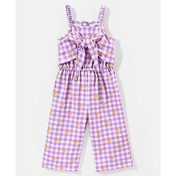 Babyhug 100% Cotton Sleeveless Jumpsuit Checks & Floral Print - Purple