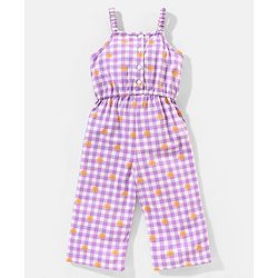 Babyhug 100% Cotton Sleeveless Jumpsuit Checks & Floral Print - Purple
