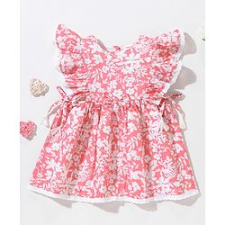 Babyhug Rayon Lurex Short Sleeves Frock Floral Print With Lace Detailings  - Pink