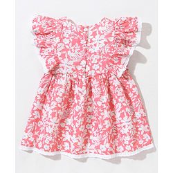 Babyhug Rayon Lurex Short Sleeves Frock Floral Print With Lace Detailings  - Pink