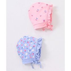 Babyhug Cotton Caps Floral Print Pack of 2 - Blue & Pink