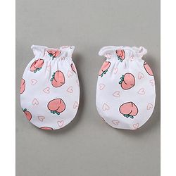 Babyhug 100% Cotton Cap Mitten Booties Set Peach Print - Peach