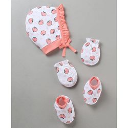 Babyhug 100% Cotton Cap Mitten Booties Set Peach Print - Peach