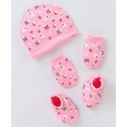 Babyhug 100% Cotton Cap Mittens & Booties Strawberry Printed - Diameter 11 cm