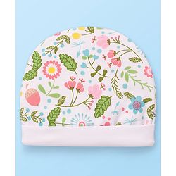Babyhug 100% Cotton Cap Mitten & Booties Floral Print White- Diameter 9.5 cm