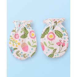 Babyhug 100% Cotton Cap Mitten & Booties Floral Print White- Diameter 9.5 cm