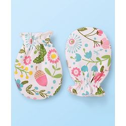 Babyhug 100% Cotton Cap Mitten & Booties Floral Print White- Diameter 9.5 cm