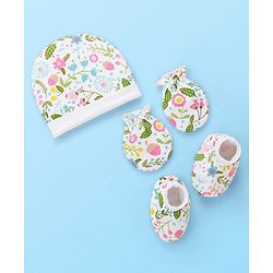 Babyhug 100% Cotton Cap Mitten & Booties Floral Print White- Diameter 9.5 cm