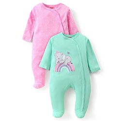 Babyhug Cotton Knit  Full Sleeves Elephant & Polka Dots Printed Footed Sleepsuits Pack of 2 - Green & Pink