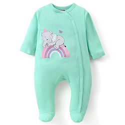Babyhug Cotton Knit  Full Sleeves Elephant & Polka Dots Printed Footed Sleepsuits Pack of 2 - Green & Pink