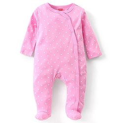 Babyhug Cotton Knit  Full Sleeves Elephant & Polka Dots Printed Footed Sleepsuits Pack of 2 - Green & Pink