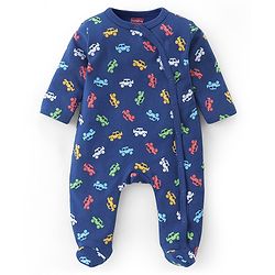 Babyhug Cotton Full Sleeves Footed Sleepsuit Car Print - Navy Blue