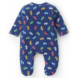 Babyhug Cotton Full Sleeves Footed Sleepsuit Car Print - Navy Blue