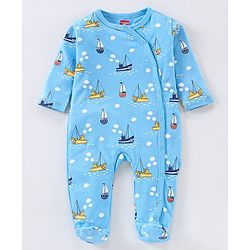 Babyhug Cotton Full Sleeves Sleep Suit Boat Print - Blue