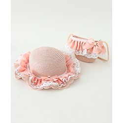 Babyhug Lace & Ribbon Bow Applique Straw Hats With Purse  Pink - Diameter 17.5 cm