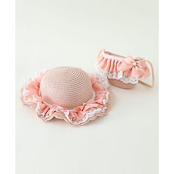 Babyhug Lace & Ribbon Bow Applique Straw Hats With Purse  Pink - Diameter 17.5 cm