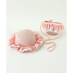 Babyhug Lace & Ribbon Bow Applique Straw Hats With Purse  Pink - Diameter 17.5 cm
