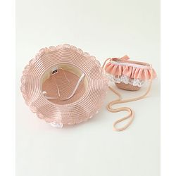 Babyhug Lace & Ribbon Bow Applique Straw Hats With Purse  Pink - Diameter 17.5 cm