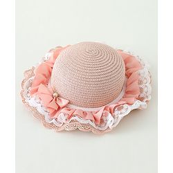 Babyhug Lace & Ribbon Bow Applique Straw Hats With Purse  Pink - Diameter 17.5 cm