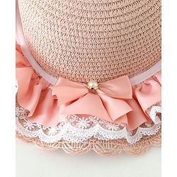 Babyhug Lace & Ribbon Bow Applique Straw Hats With Purse  Pink - Diameter 17.5 cm