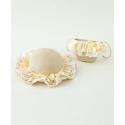 Babyhug Lace & Ribbon Bow Applique Straw Hats With Purse  Beige - Diameter 17.5 cm