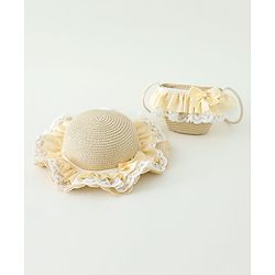 Babyhug Lace & Ribbon Bow Applique Straw Hats With Purse  Beige - Diameter 17.5 cm